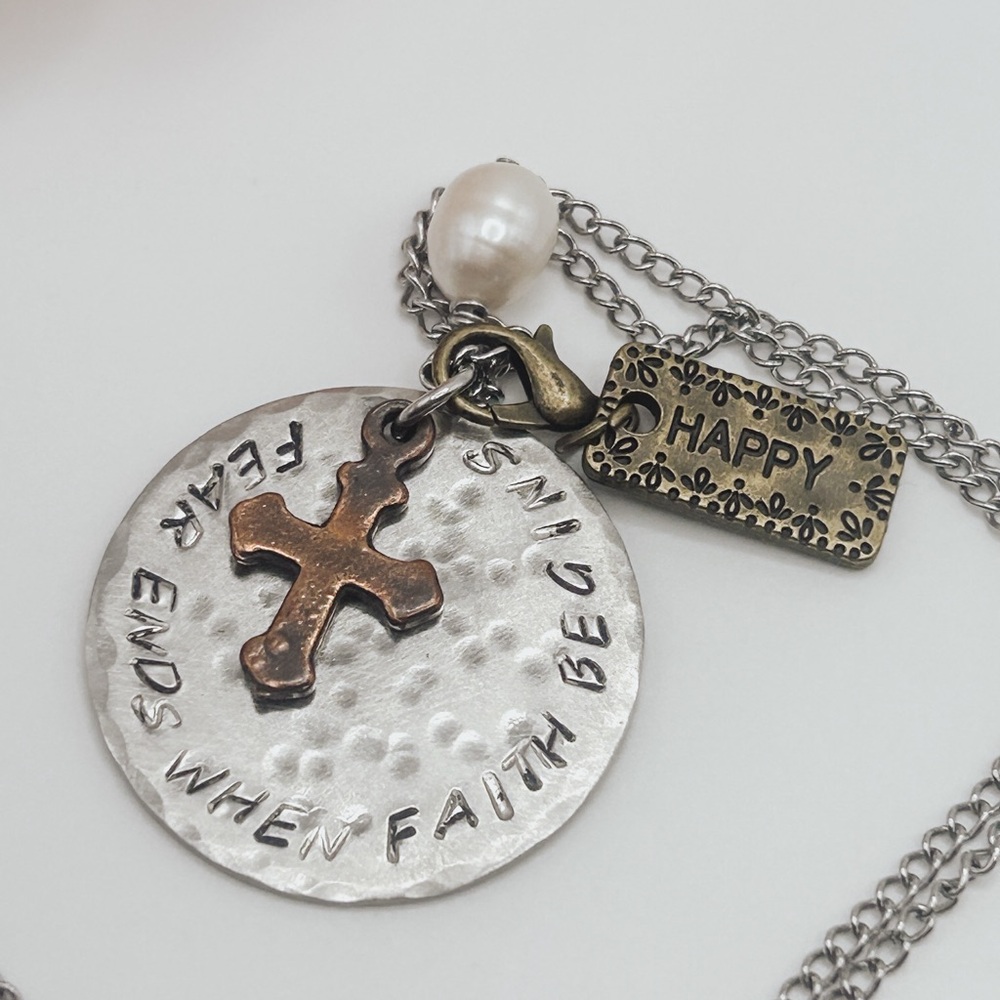Faith Pendant Necklace Fear Ends When Faith Begins Cross Pearl Charm Layered